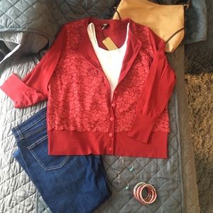 NWT Basler red cardigan with lace detail